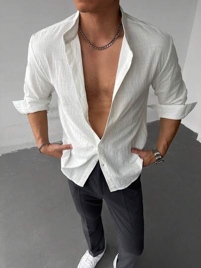 Men's 100% Cotton Solid Color Long Sleeve Single-Breasted Casual Shirt