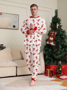 男士姜饼人与星星拐杖糖印花圆领长袖上衣和抽绳裤睡衣套装，2件套，圣诞装饰元素，秋冬服装