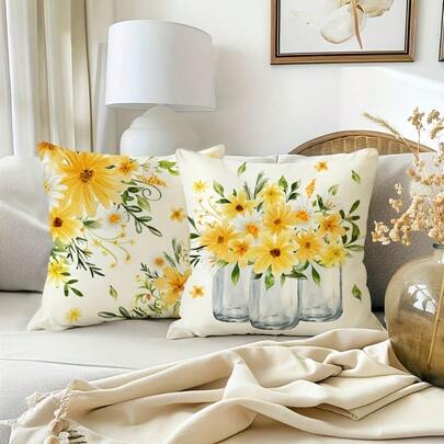 4 capas de almofadas decorativas estilo Farmhouse Daisy - 45 x 45 cm, design floral amarelo em pote de vidro, padrão trançado para varanda, pátio e decoração interna/externa, estampa de um lado, lavável à máquina com zíper (sem enchimento)