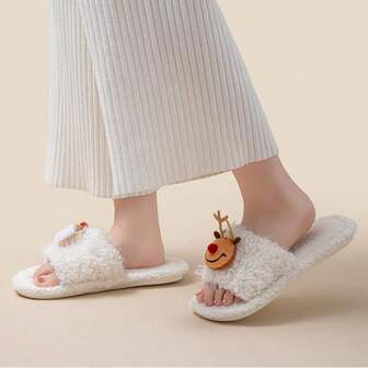 Women's Christmas Plush Slippers Decorative Santa/Reindeer Soft Warm Non-Slip Indoor Fuzzy Slides