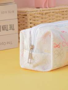 1pc Polyester Nylon Zipper Foldable Pencil Case, Bow Pattern, Portable Pen Bag, Women's Large Capacity Cosmetic Storage Pouch, School Supplies, Christmas, Valentine's Day, Thanksgiving, Back To School, Office Desk Organizer, School Pencil Box