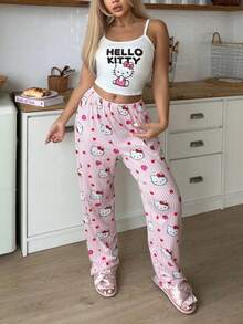 Sanrio 【奇幻世界】Hello Kitty印花女士吊带露脐上衣+弹力腰直筒裤睡衣套装（2件套） - 白色 - 查看 6