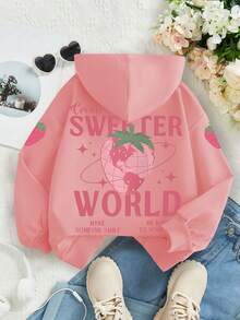 1件少女草莓标语图案圆领卫衣，休闲长袖卫衣，返校季、毕业季、开学季 - 粉色 - 查看 2