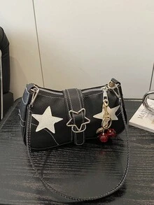 Y2K Casual Crossbody Bag For Women, Star Decor, Adjustable Strap, One Shoulder Bag, Large Capacity Vintage Handbag For Commuting - Black - View 3
