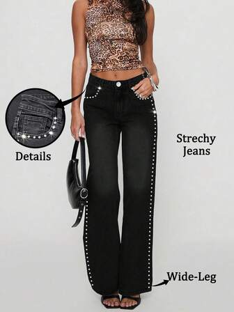 High-Waisted Rivet & Rhinestone Decor Skinny Black Straight-Leg Jeans For Women