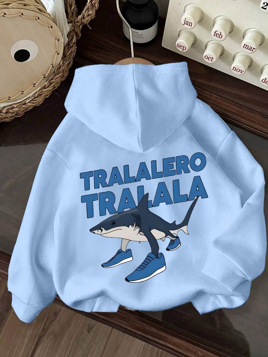 Bluza z kapturem i nadrukiem rekina dla chłopców w stylu casual, z długim rękawem, jesień i zima, w stylu studenckim
