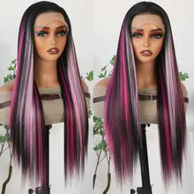 13X4 Pink & Brown Lace Front Wigs Pre Plucked Soft Free Part Long Straight Wigs Glueless Pink Skunk Stripe Wig Wear And Go Wig Heat Resistant Fiber Hair Synthetic Lace Front Wigs For Fashion Women For Daily Christmas Party Cosplay Use - 挑染粉色 - 查看 2