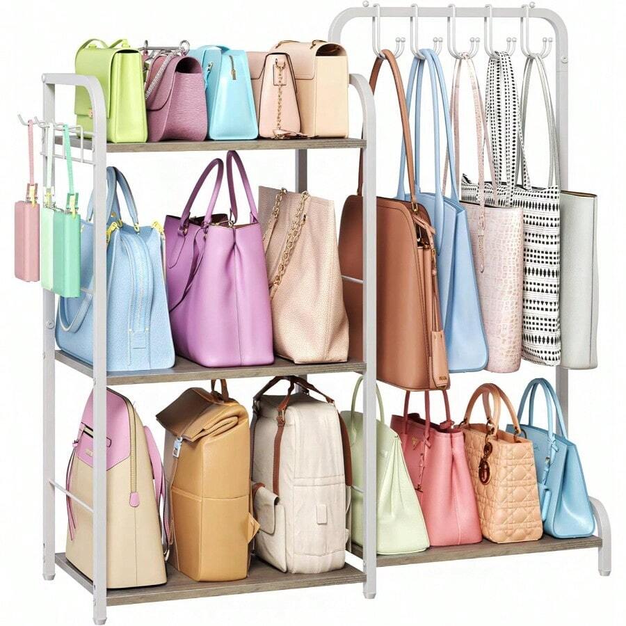 Purse Organizer Closet, Large Capacity Purse Rack With 2 Purse Hangers And 5 Purse Hooks Bag Organizer, Freestanding 3 - Tier Handbag Organizer Purse Storage, Ironwood Purse Holder, White - Lớn - Xem 1