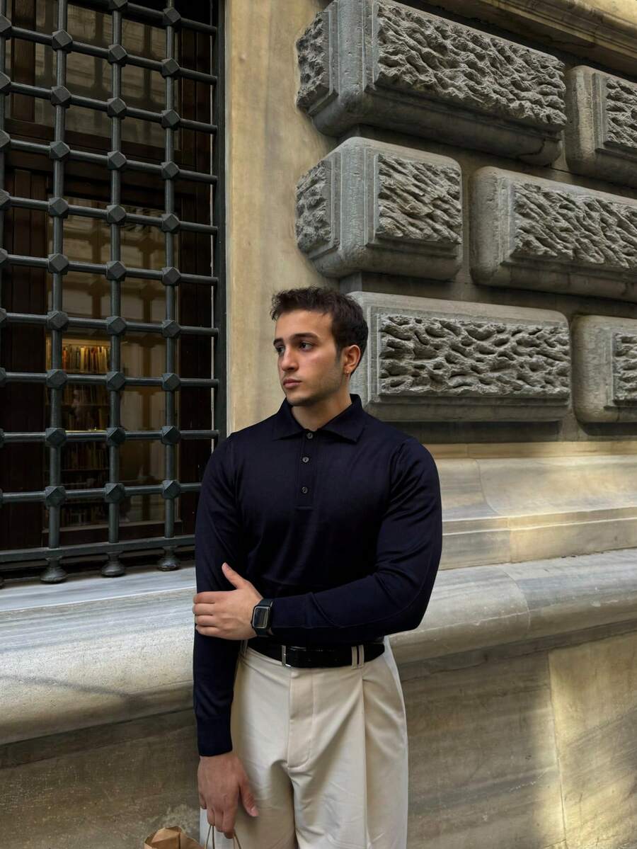 Men's Knit Polo – Button Placket, Relaxed Fit, Smart-Casual – Made In Turkey - Navy Blue - View 1