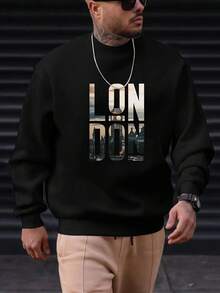 COCOC 2025 New Loose Pattern Round Neck Hoodless Sweatshirt, Men's Fashion Design London Scenery Letter Print Sports Casual Commuting Versatile Long Sleeve Round Neck Black Sweatshirt - 黑色 - 查看 1