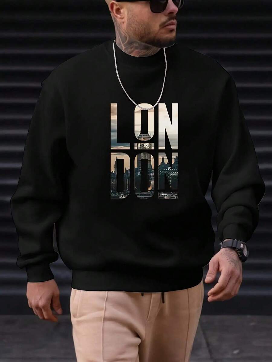 COCOC 2025 New Loose Pattern Round Neck Hoodless Sweatshirt, Men's Fashion Design London Scenery Letter Print Sports Casual Commuting Versatile Long Sleeve Round Neck Black Sweatshirt - 黑色 - 查看 1
