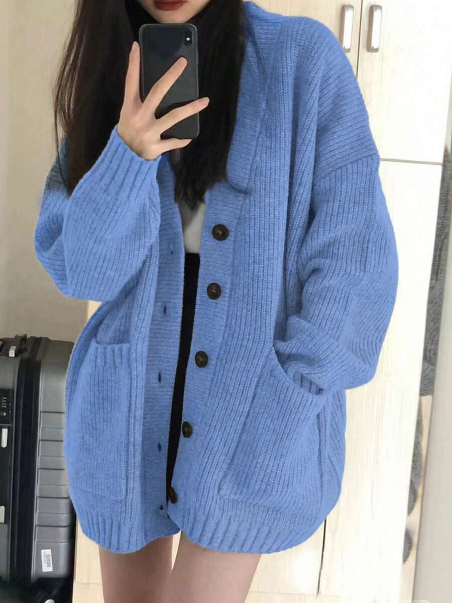 Alicedudu 女式秋冬宽松简约纽扣大口袋开衫 - 淺藍色 - 查看 1