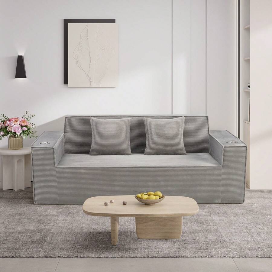 ATOMHOME 75" Modern Corduroy Loveseat Sofa, Comfy 3-Seater Floor Couch For Small Space, Apartment, Bedroom, Upholstered Boneless Deep Seat Sofa, No Assembly Compressed Furniture In A Box With Cup Holders, Grey - 淺灰色 - 查看 1