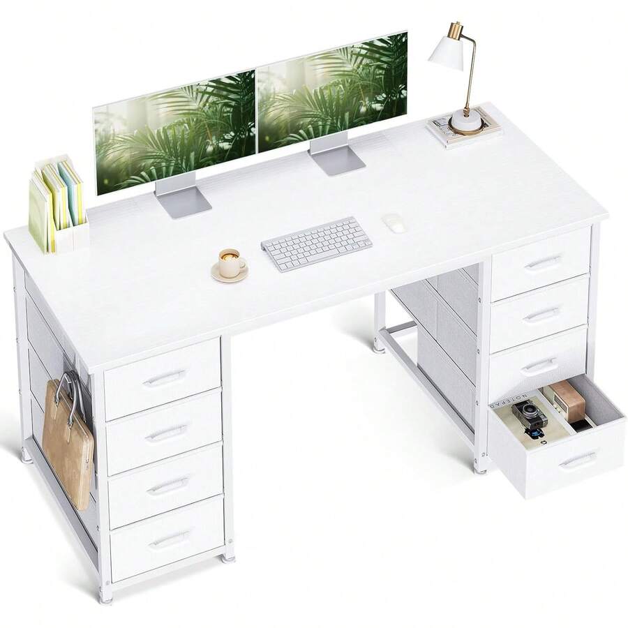 48 Inch Computer Desk With 8 Fabric Drawers, Modern Office Desk With Large Storage Space, Suitable For Home Office, Study, Gaming, White - trắng - Xem 1