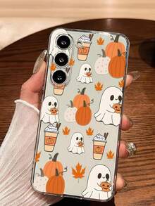 1pc Halloween Pumpkin & Maple Leaf Cake Ghost Transparent Soft Protective Phone Case, Anti-Fall Anti-Slip, Compatible With Galaxy A04e/A05s/A13/A14/A15/A34/A35/A50/A52/A53/A54/S21/S22/S23/S24/S25/S25Ultra, Great Gift For Family, Friends, Lover