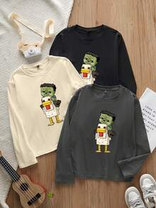 3pcs/Set Boys' Casual Printed Crew Neck Long Sleeve T-Shirts, Autumn Student Youth Clothing