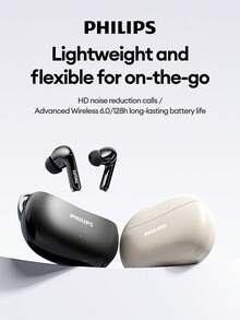 PHILIPS 飞利浦 TAT1320 极简蓝牙耳机，半入耳式，降噪，360° 环绕声，游戏和音乐，低延迟，电池寿命长，佩戴舒适，无线耳塞兼容智能手机和电脑