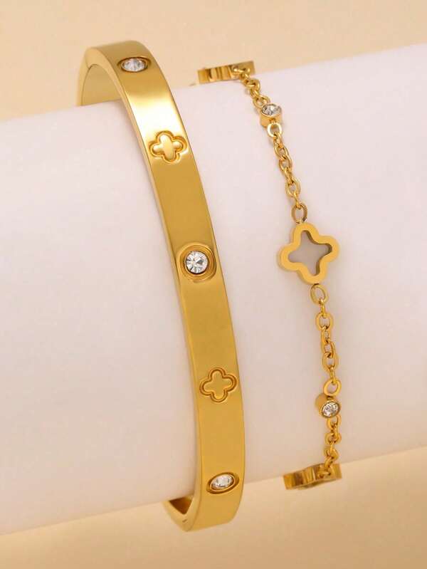 2pcs Vintage Elegant Stainless Steel Zirconia Flower Bracelet & Bangle Set, Suitable For Women's Daily Wear