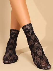 8 双女士蕾丝踝袜、镂空小腿袜、时尚性感中筒袜、内衬袜 - 黑色 - 查看 2