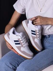 Women's Sneakers, Flat Sole, Gym, Navy Leather, Comfortable Fashion, Boutique, Premium Stripe, Original - 藍白色 - 查看 3