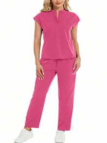 cimmuovere Plus Size Collared Sleeveless Loose Top And Practical Multi-Pocket Pants Uniform Set - Hot Pink - View 5