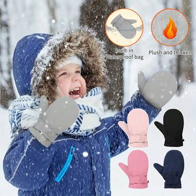 1 Pair Toddler Boys & Girls Cartoon Waterproof Warm Winter Gloves, M Size (1-3 Years Old), Outdoor Snow Play Ski Mittens