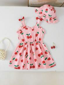2pcs/Set Cute Daily Heart & Cherry Print Contrast Color Bowknot Strap Ruffle Hem Plaid Dress And Hat, Suitable For Summer Party, Vacation - Baby Pink - View 5