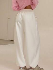 Women Solid Baggy Sweatpants Casual Elastic Waist Wide Leg Sports Pants With Pockets Loose Trousers - 白色 - 查看 6