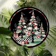 2D Flat, Room Decor Vintage Merry Christmas Iron Wall Art, 8X8 Inches Round Festive Decor, 3D Holiday Scene With Snowy Trees, Wall-Mounted & Window-Displayable, Ideal For Home, Cafe, Bar, Kitchen, Restaurant, Party & Garden Decoration Home Decor Christmas Decorations