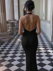 Basrey 新款女式黑色挂脖高腰百褶腰带露背高开叉鸡尾酒会礼服派对长裙适合伴娘穿着参加婚礼派对 - 黑色 - 查看 3