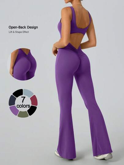 NcmRyu 1pc Women's Seamless Elastic Solid Color Hollow-Out Backless Lifting Shaping Wrinkle-Free Waist Design Yoga Running Exercise Jumpsuit