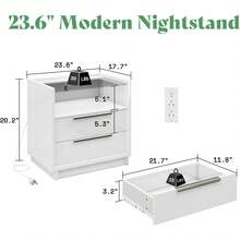 Nightstand Set Of 2, 23.6'' End Table With Charging Station, Modern High Gloss Bedside Table With Glass Top, Spacious Drawers And Open Shelf, Stylish Nightstand For Sleeping Area, Easy Assembly, White - 白色 - 查看 2