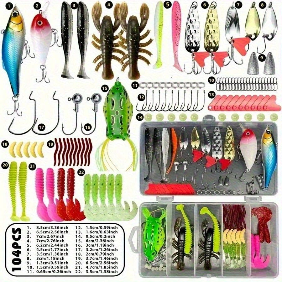 107-Piece Fishing Tackle Set With Spinners, Jigging Bait, Jigging Tips, Sinkers, Hooks, And Storage Case - Colorful Freshwater And Saltwater Combo Pack With Split Rings And Scented Lures - Perfect Starter Kit For Bass, Pike, Trout, And Walleye Fishing, Includes Tackle Box Equipment Including Pike Lures, Diving Lures, Saltwater Bait, And Small Game Baits - DIY套裝 - 查看 1