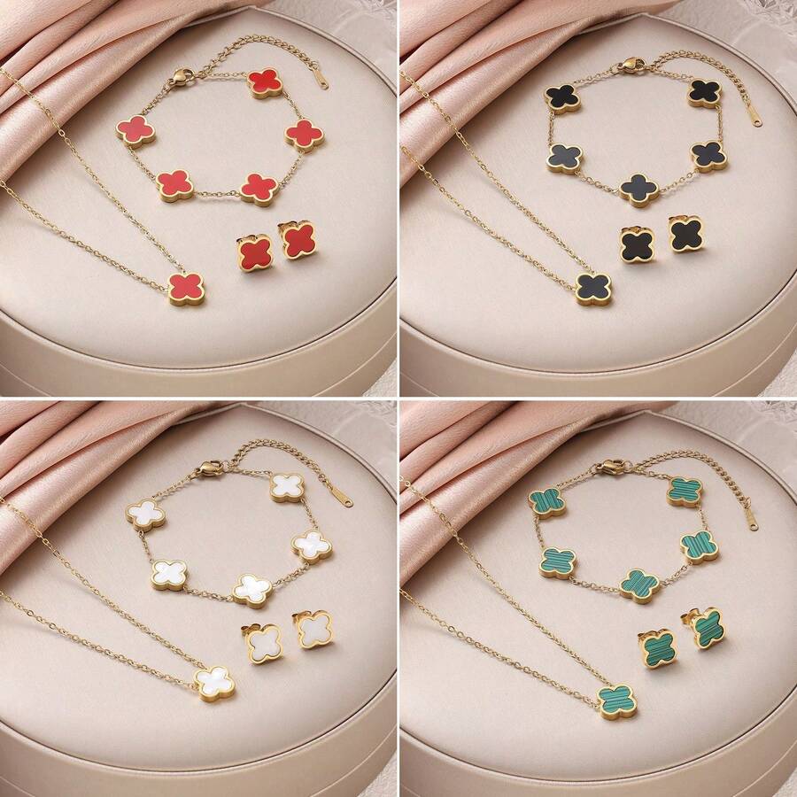 4 件不锈钢简约四叶草手链，女士项链，高端钛钢防过敏不褪色珠宝