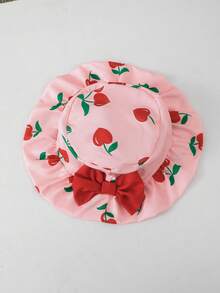 2pcs/Set Cute Daily Heart & Cherry Print Contrast Color Bowknot Strap Ruffle Hem Plaid Dress And Hat, Suitable For Summer Party, Vacation - Baby Pink - View 9