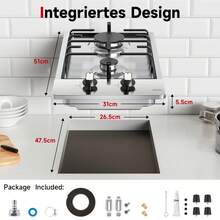 IsEasy Piano cottura a gas WEHIMO Domino con 2 fuochi, piano cottura a gas da incasso in acciaio inox 30 cm 3700 W 2 zone di cottura (2700 W + 1000 W), piano cottura a gas Domino per gas propano e gas naturale, adatto a tutte le pentole - Spina tipo C UE (220-240 V) - Visualizzare 5