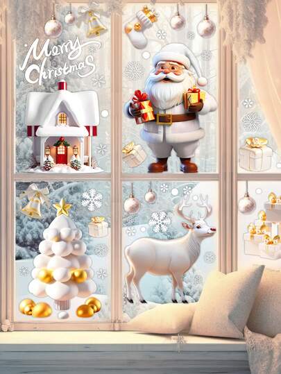 4 张 113 张贴纸 3D 圣诞窗贴装饰套件 - 带有圣诞老人、雪花、圣诞树和温馨房屋场景的无粘性贴纸 - 可重复使用的节日装饰，适用于家庭和办公室假期、圣诞装饰、圣诞窗贴、雪人窗贴、圣诞玻璃窗贴、冬季节日装饰