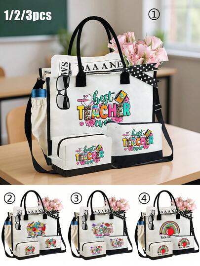 一套包含教师图案手提包（带肩带和化妆包）、沙滩包（带围巾）、豹纹彩虹花卉印花旅行简约收纳包、旅行化妆包：非常适合户外美妆！