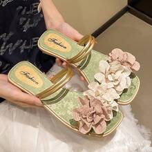 Sandales plates bohèmes pour femmes  synthétique PVC avec appliqués, convenant pour la plage et l'extérieur, à double port, pour l'été