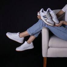 Women's Sneakers, Flat Sole, Gym, Navy Leather, Comfortable Fashion, Boutique, Premium Stripe, Original - 藍白色 - 查看 6