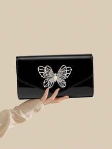 1 件黑色镜面 PU 女士晚装包，光滑包身搭配水钻蝴蝶装饰 - 优雅时尚，适合婚礼、派对、联欢晚会和其他正式活动（手提包/托特包/单肩包/斜挎包） - 黑色 - 查看 11