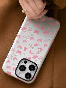 Pink Butterflies And Small Floral Patterns Two-In-One Matte Texture Phone Case Suitable For Compatible With Iphone16, 15, 14, 13, 12, 11, PRO - White - View 3