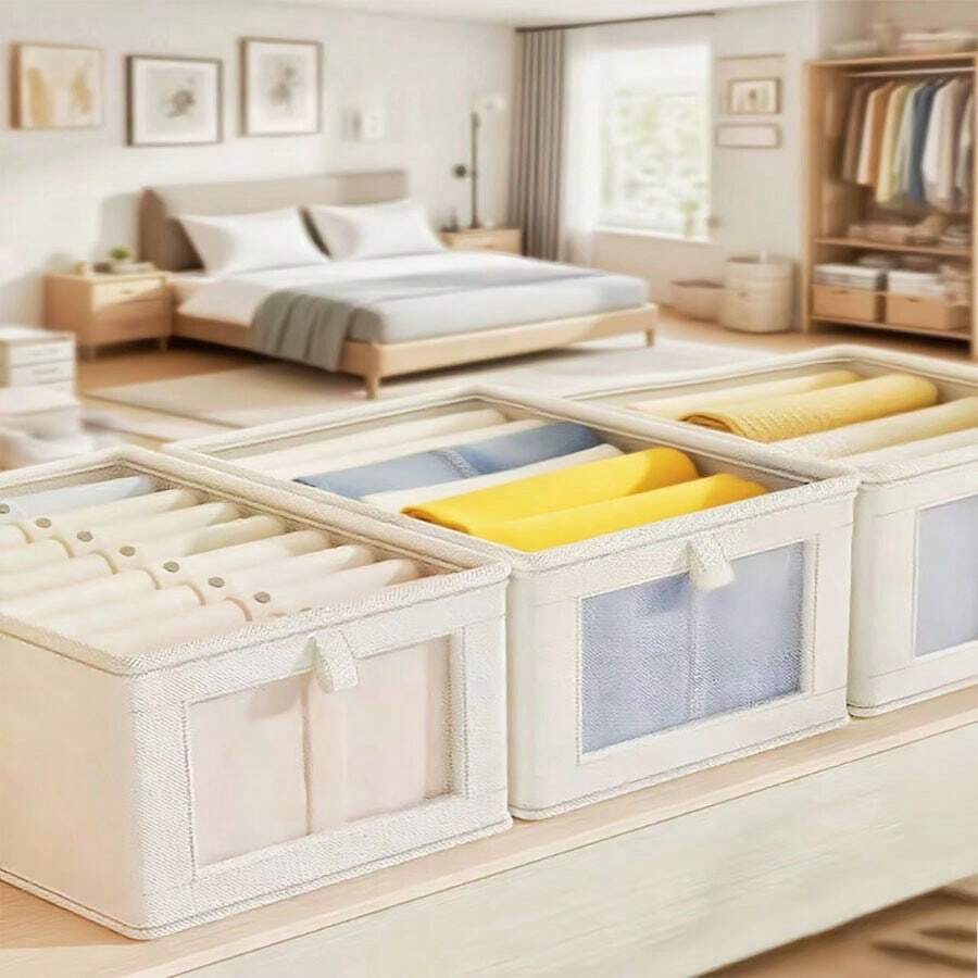 1pc Oxford Cloth Windowed Lidded Storage Box, Fabric Organizer Box For Clothes, Household Desktop Storage Container