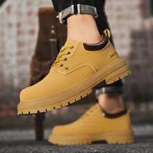 Sapatos de Couro Outono Masculino, Oxford de Sola Grossa Retrô Preto, Botas de Trabalho Externo, Botas de Cano Baixo, Estilo Britânico