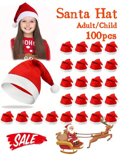 10-100pcs Non-Woven Fabric Santa Claus Xmas Hats, Adult/Kids Christmas Caps, Merry Christmas New Year Party Festival Decor, PP Material, Machine Washable, No Feather, For Home & Kitchen Party Supplies For Halloween, Christmas Event & Party Supplies
