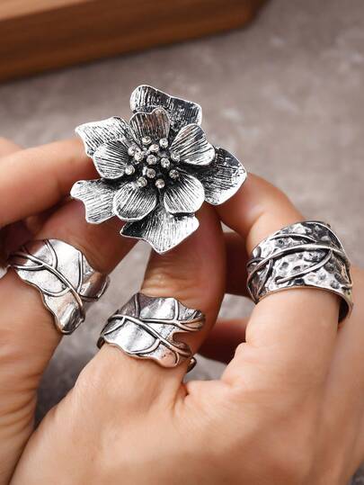 Set de 4 anillos vintage bohemios con flores exageradas, adecuado para uso diario, hogar, citas y vacaciones de hermosas damas