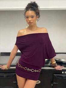 Solid Color Asymmetrical Neckline Two-Way Batwing Sleeve Waist-Cinching Bodycon Short Dress - Màu tím - Xem 1