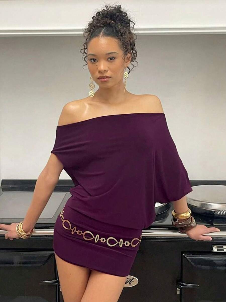 Solid Color Asymmetrical Neckline Two-Way Batwing Sleeve Waist-Cinching Bodycon Short Dress - Màu tím - Xem 1