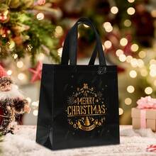 16pcs Elegant Black Christmas Gift Bags With Sturdy Handles - Luxury Golden Foil Holiday Designs (Trees, Presents, Snowflakes) - Non-Woven Fabric Bags For Xmas, New Year's, Parties, Wedding Favors - Elegant Holiday Packaging For Gifts & Decorations, Gift Bags Christmas, Party Favor Bags, Durable Festive Bags(1/8/16pcs)