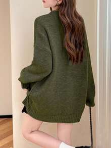 Alicedudu Women's Autumn/Winter Loose Minimalist Button-Front Cardigan With Large Pockets - Army Green - View 2